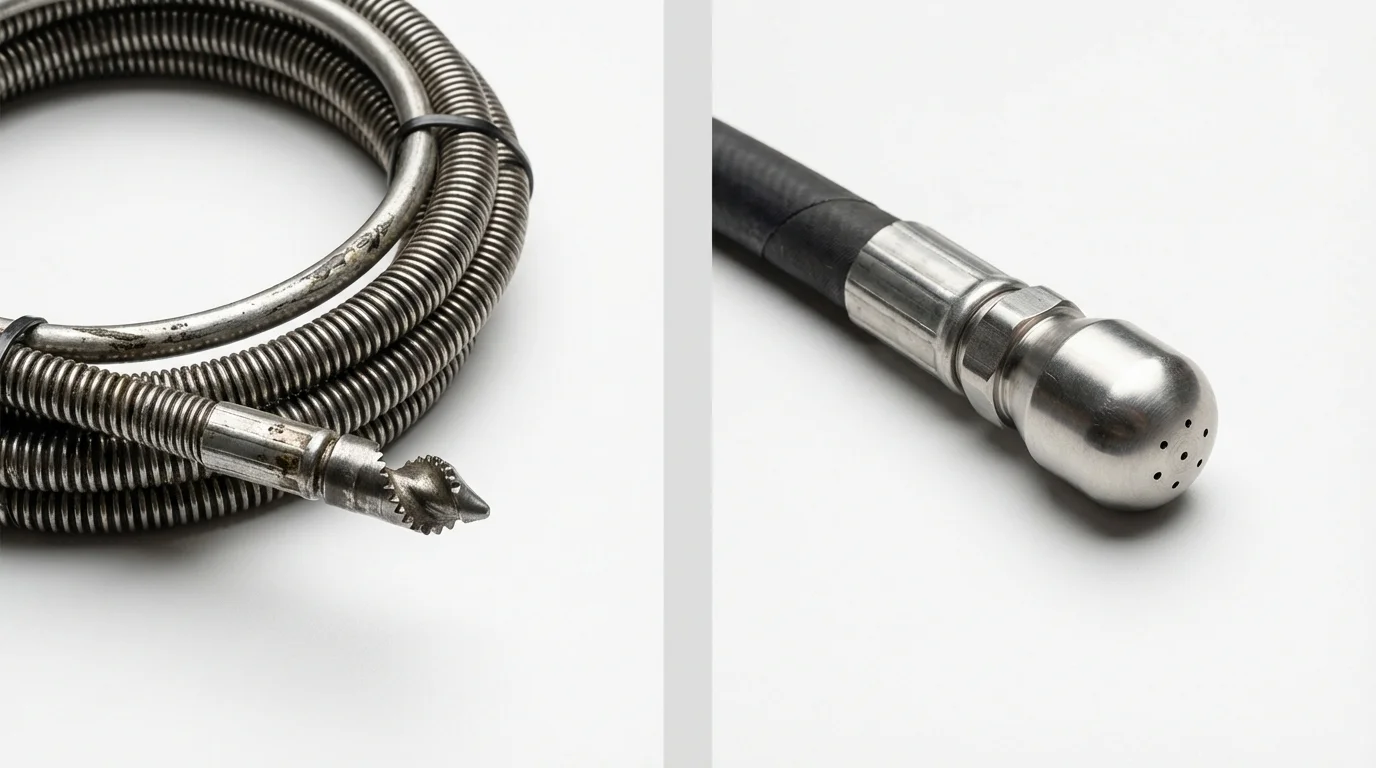 Drain snake cable and hydro jetting nozzle used for drain cleaning in Saddle Brook, NJ